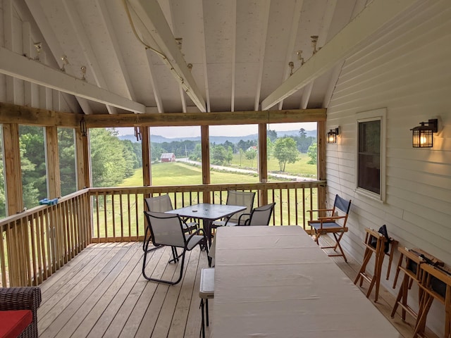 630 Youngs Ridge Rd, Acton, ME 04001 - wooden terrace featuring a mountain view, outdoor dining area, and a yard