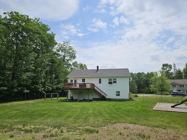 30 Cedar Breeze S, Glenburn, ME 04401 - back of property featuring stairway, a wooden deck, and a yard