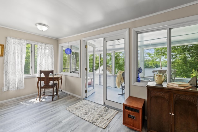 48 E Shore Dr, Greene, ME 04236 - doorway to outside featuring light wood-style flooring, crown molding, and baseboards