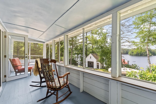 48 E Shore Dr, Greene, ME 04236 - sunroom / solarium featuring a water view and lofted ceiling