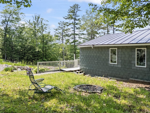 48 E Shore Dr, Greene, ME 04236 - view of green lawn with a fire pit and a wooden deck
