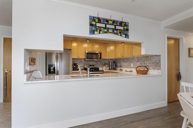 219 E Grand Ave Unit 3C, Old Orchard Beach, ME 04064 - kitchen with stainless steel appliances, a peninsula, ornamental molding, backsplash, and wood finished floors
