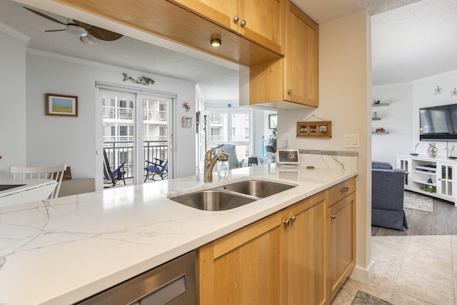 219 E Grand Ave Unit 3C, Old Orchard Beach, ME 04064 - kitchen featuring ornamental molding, light stone countertops, and a ceiling fan
