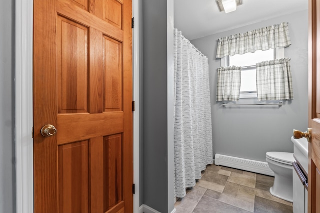 51 Burnham Rd, Saco, ME 04072 - full bathroom with a baseboard radiator, baseboards, toilet, and a shower with curtain