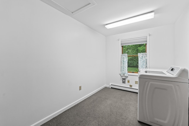 51 Burnham Rd, Saco, ME 04072 - laundry room featuring washer / dryer, a baseboard heating unit, dark colored carpet, and baseboards