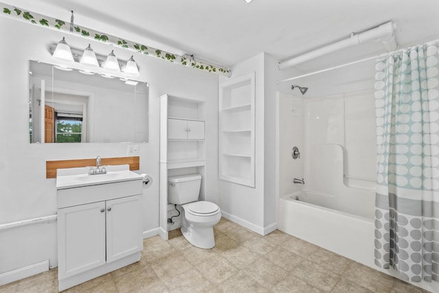 51 Burnham Rd, Saco, ME 04072 - bathroom with toilet, vanity, shower / tub combo with curtain, baseboards, and tile patterned floors