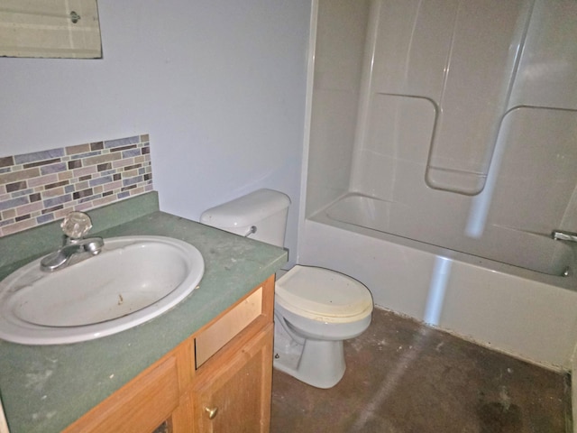 157 Ralph Richardson Rd, Norway, ME 04268 - full bath with decorative backsplash, toilet, tub / shower combination, vanity, and concrete floors