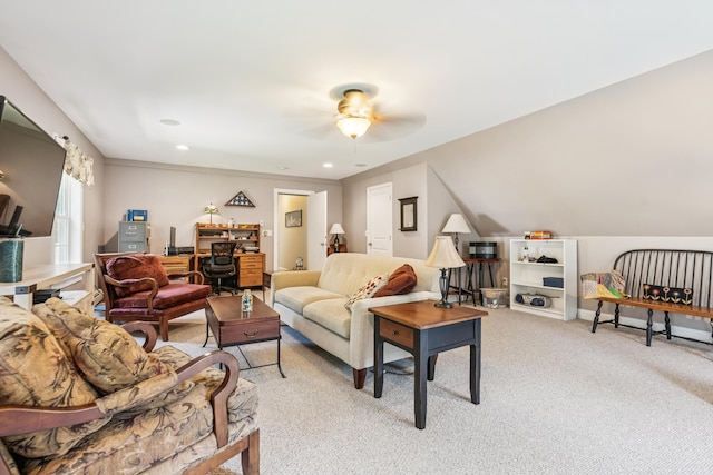 3 Bradfield Way, Kennebunk, ME 04043 - living area with light carpet, a ceiling fan, an office area, and recessed lighting