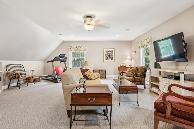 3 Bradfield Way, Kennebunk, ME 04043 - living room with carpet flooring, a ceiling fan, vaulted ceiling, a baseboard heating unit, and recessed lighting