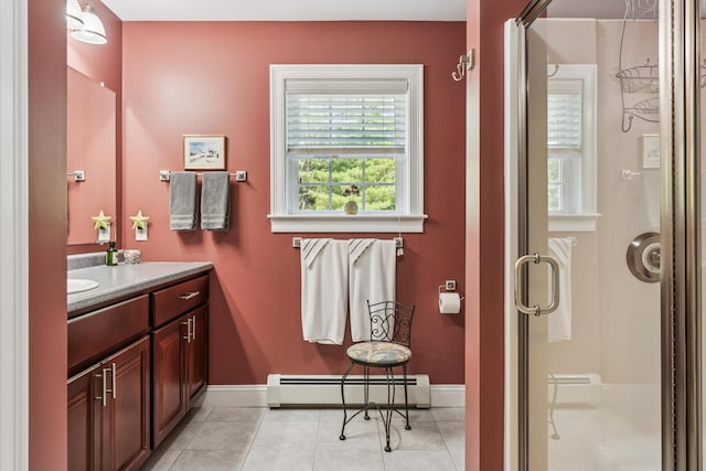 3 Bradfield Way, Kennebunk, ME 04043 - full bath with a baseboard heating unit, vanity, a shower stall, and tile patterned floors