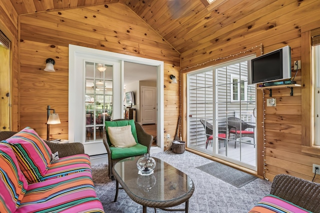 3 Bradfield Way, Kennebunk, ME 04043 - living area with wooden walls, vaulted ceiling, and wood ceiling