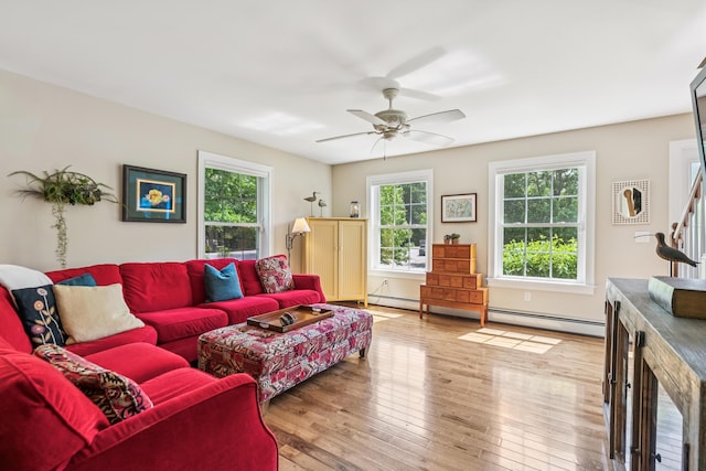 3 Bradfield Way, Kennebunk, ME 04043 - living area featuring healthy amount of natural light, light wood-style flooring, a ceiling fan, and a baseboard radiator