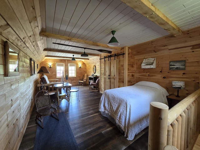 224 Maynard Rd Unit T1 R1, Nbkp, ME 04478 - bedroom with wood walls, wood finished floors, and a wooden ceiling with exposed beams