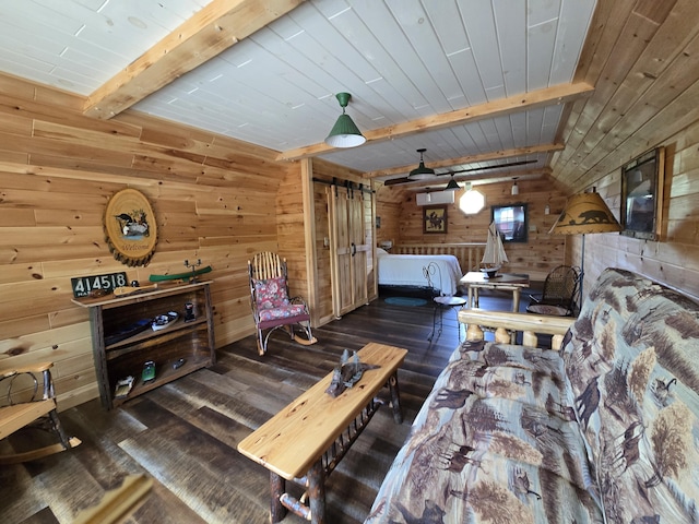 224 Maynard Rd Unit T1 R1, Nbkp, ME 04478 - living room with hardwood / wood-style flooring, wooden walls, and a wooden ceiling with exposed beams