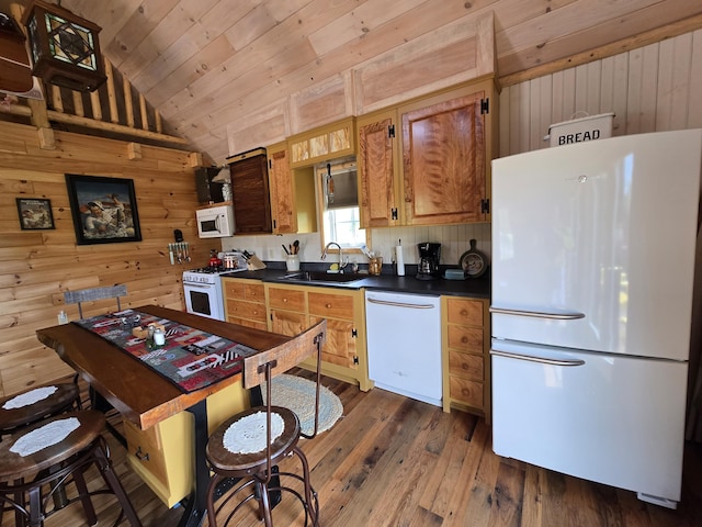 224 Maynard Rd Unit T1 R1, Nbkp, ME 04478 - kitchen featuring white appliances, dark countertops, lofted ceiling, wooden walls, and wood ceiling