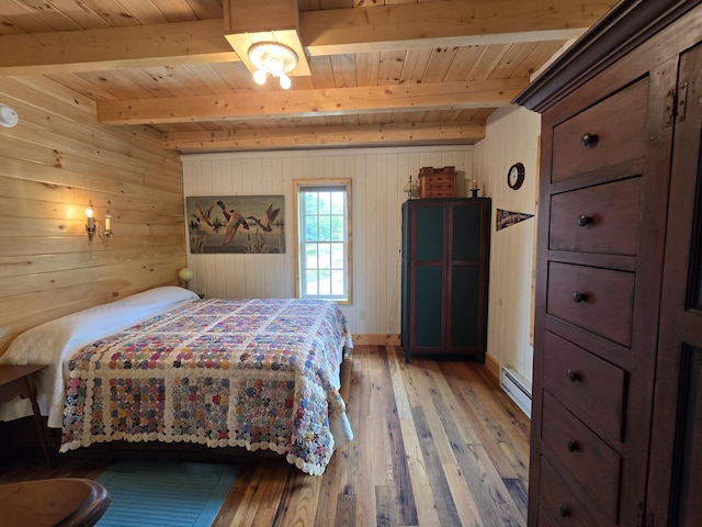 224 Maynard Rd Unit T1 R1, Nbkp, ME 04478 - bedroom with a wood ceiling with exposed beams, light wood finished floors, wood walls, and baseboard heating