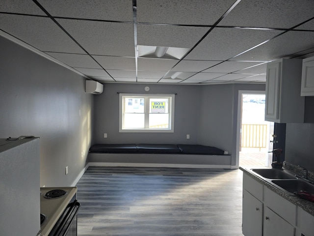 6 Main St, Howland, ME 04448 - below grade area with a drop ceiling, wood finished floors, baseboards, a wall mounted AC, and a sink