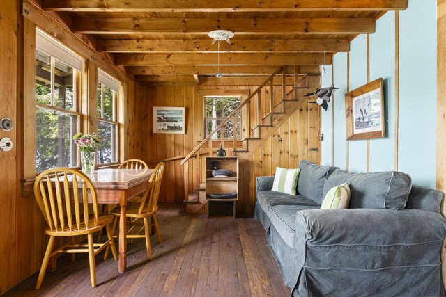 36 Cove Ln, Damariscotta, ME 04543 - living room with hardwood / wood-style floors, wood ceiling with exposed beams, wooden walls, and stairs