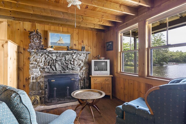 36 Cove Ln, Damariscotta, ME 04543 - living area featuring wood ceiling with exposed beams, wooden walls, and dark wood-style floors