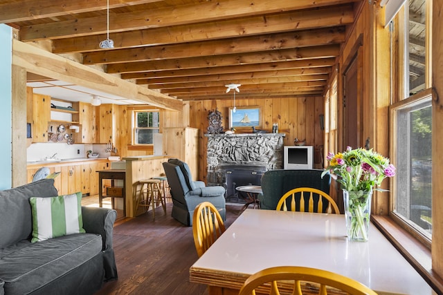 36 Cove Ln, Damariscotta, ME 04543 - dining room featuring wood walls, dark wood-style floors, wood ceiling with exposed beams, and a stone fireplace