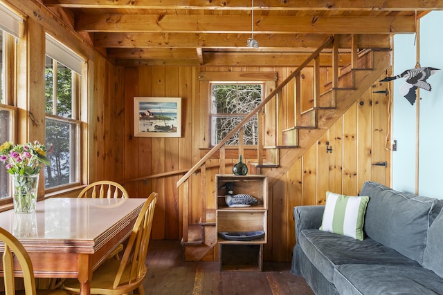 36 Cove Ln, Damariscotta, ME 04543 - dining space featuring wood walls, wood-type flooring, stairs, and wood ceiling with exposed beams