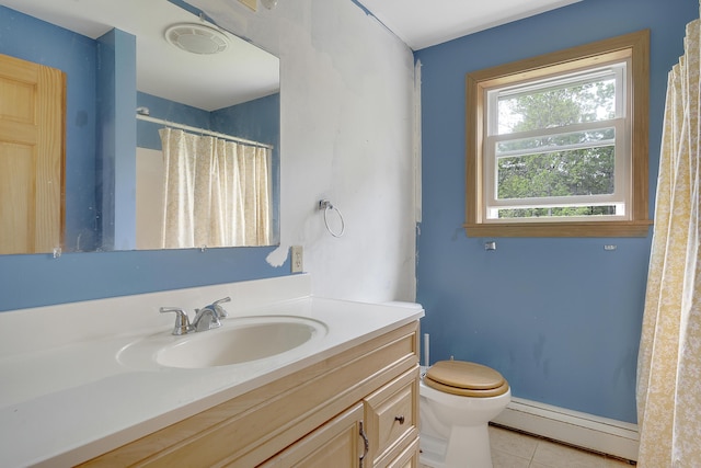 31 W Bay Bridge Rd, Topsham, ME 04086 - full bathroom with a baseboard heating unit, tile patterned flooring, vanity, and a shower with shower curtain