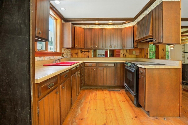 1835 Main St, Fayette, ME 04349 - kitchen with black range with electric cooktop, light wood-style flooring, light countertops, brown cabinets, and a peninsula