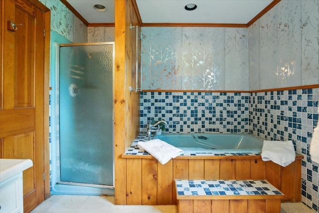 1835 Main St, Fayette, ME 04349 - bathroom with a stall shower, a bath, ornamental molding, wallpapered walls, and tile walls