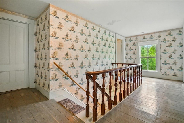 1835 Main St, Fayette, ME 04349 - stairs featuring wallpapered walls and wood-type flooring