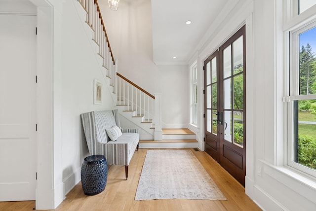 38 Fieldstone Ln, Falmouth, ME 04105 - entrance foyer featuring stairway, plenty of natural light, wood finished floors, and recessed lighting