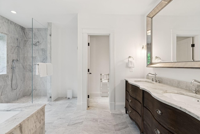 38 Fieldstone Ln, Falmouth, ME 04105 - full bathroom with a tile shower, double vanity, recessed lighting, a bathtub, and marble finish flooring