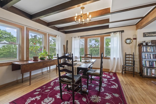 4 Hamlin Pl, York, ME 03909 - dining room with beamed ceiling, a chandelier, wood-type flooring, and baseboards