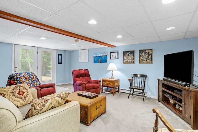 48 E Pasture Rd, Berwick, ME 03901 - living area featuring a paneled ceiling, light colored carpet, baseboards, recessed lighting, and a baseboard radiator