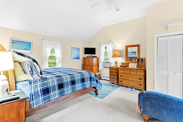 48 E Pasture Rd, Berwick, ME 03901 - carpeted bedroom featuring baseboard heating, lofted ceiling, a closet, a ceiling fan, and cooling unit