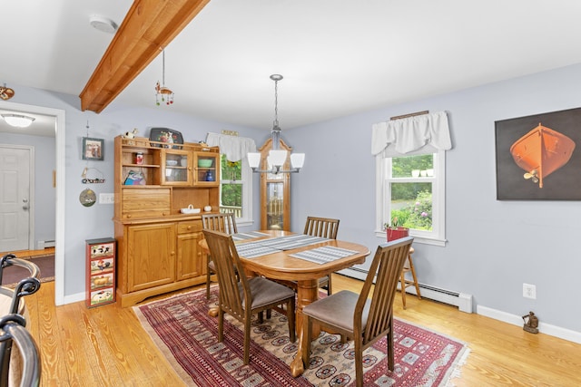 48 E Pasture Rd, Berwick, ME 03901 - dining space with light wood finished floors, baseboards, beam ceiling, baseboard heating, and a chandelier