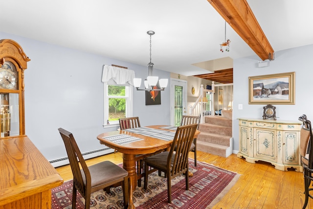 48 E Pasture Rd, Berwick, ME 03901 - dining area with a chandelier, light wood-type flooring, stairway, a baseboard heating unit, and beam ceiling