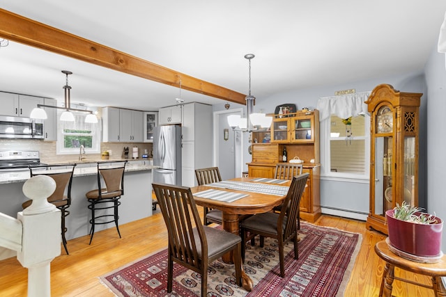 48 E Pasture Rd, Berwick, ME 03901 - dining space with baseboard heating, light wood finished floors, and beamed ceiling