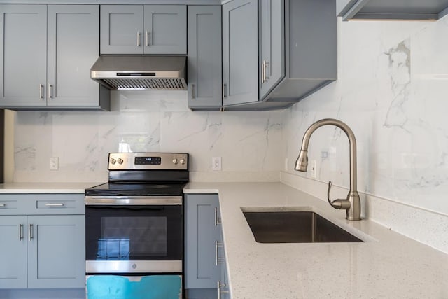 19 Mason St, Brunswick, ME 04011 - kitchen featuring wall chimney exhaust hood, stainless steel electric stove, a sink, gray cabinets, and backsplash