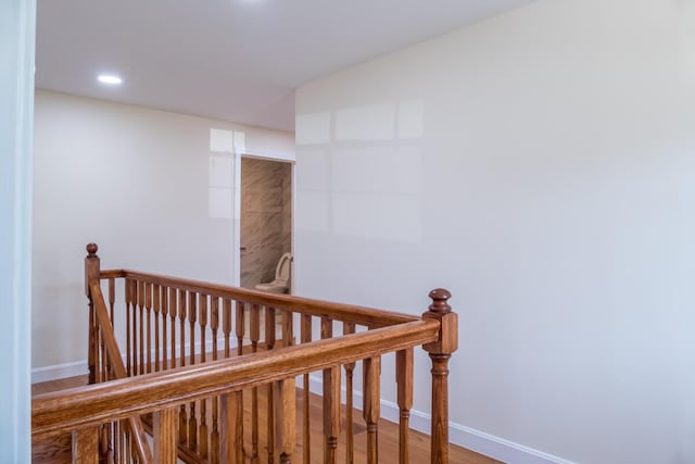 19 Mason St, Brunswick, ME 04011 - stairway featuring recessed lighting, wood finished floors, and baseboards