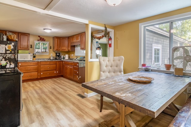 194 Main Rd, Passadumkeag, ME 04475 - kitchen with electric stove, freestanding refrigerator, brown cabinetry, light wood-style flooring, and white microwave