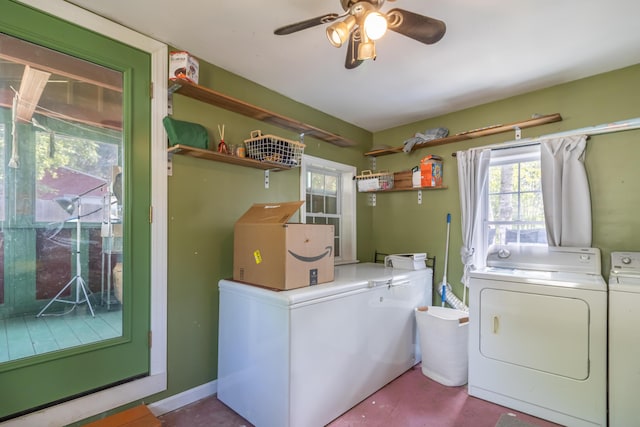 194 Main Rd, Passadumkeag, ME 04475 - laundry room with washer and dryer, ceiling fan, and plenty of natural light