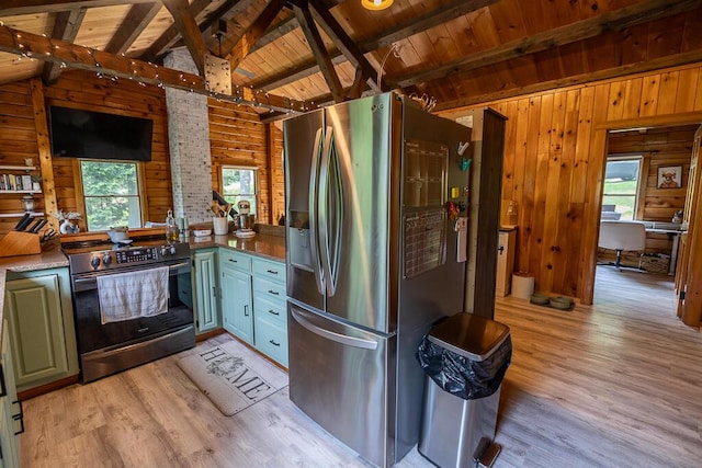 1103 Rte 135, Monmouth, ME 04259 - kitchen featuring stainless steel appliances, plenty of natural light, wooden ceiling, wooden walls, and light wood finished floors