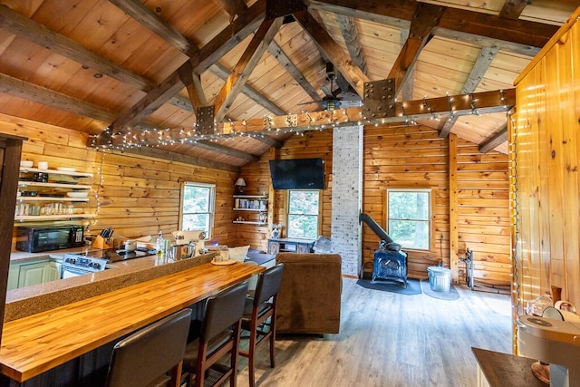 1103 Rte 135, Monmouth, ME 04259 - office space with a wood stove, wood ceiling, light wood-type flooring, and wooden walls