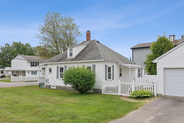 134 W Grand Ave, Old Orchard Beach, ME 04064 - view of front facade with a chimney, a garage, driveway, and a shingled roof
