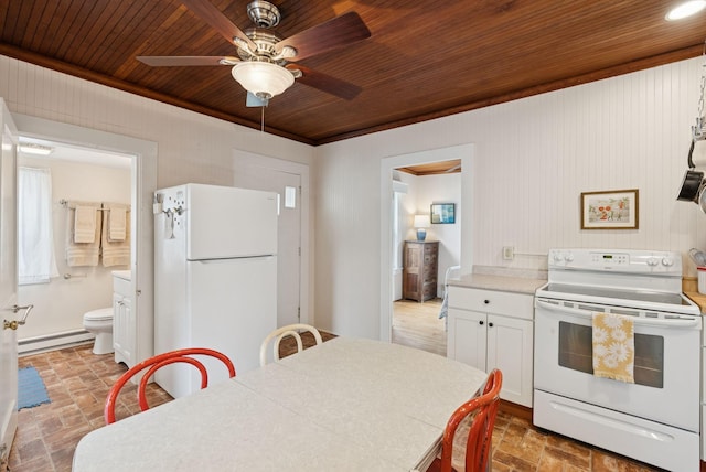134 W Grand Ave, Old Orchard Beach, ME 04064 - kitchen featuring white appliances, wooden ceiling, baseboard heating, a ceiling fan, and white cabinets