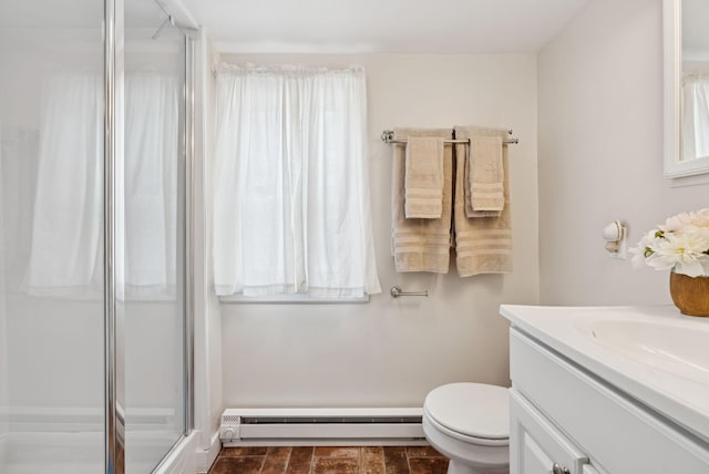 134 W Grand Ave, Old Orchard Beach, ME 04064 - bathroom with a baseboard radiator, a shower stall, and vanity