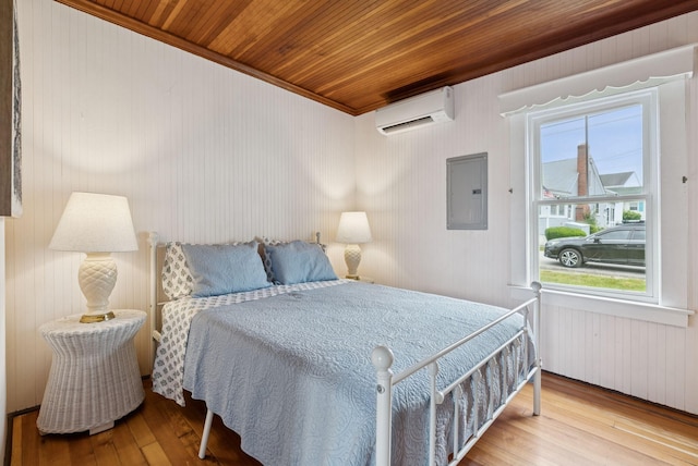 134 W Grand Ave, Old Orchard Beach, ME 04064 - bedroom featuring electric panel, a wall unit AC, wood ceiling, wood-type flooring, and multiple windows