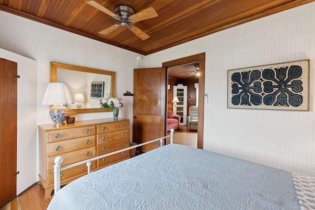 134 W Grand Ave, Old Orchard Beach, ME 04064 - bedroom with wooden ceiling, wood finished floors, crown molding, and ceiling fan
