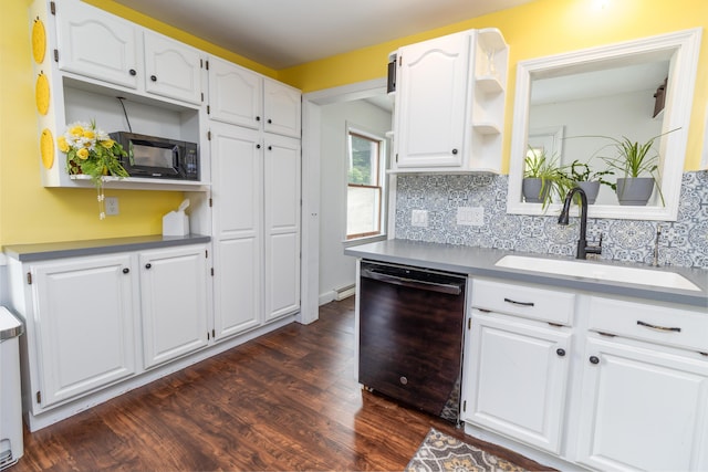 188 Old Chadbourne Rd, Lewiston, ME 04240 - kitchen featuring black appliances, open shelves, a sink, dark wood-type flooring, and white cabinetry