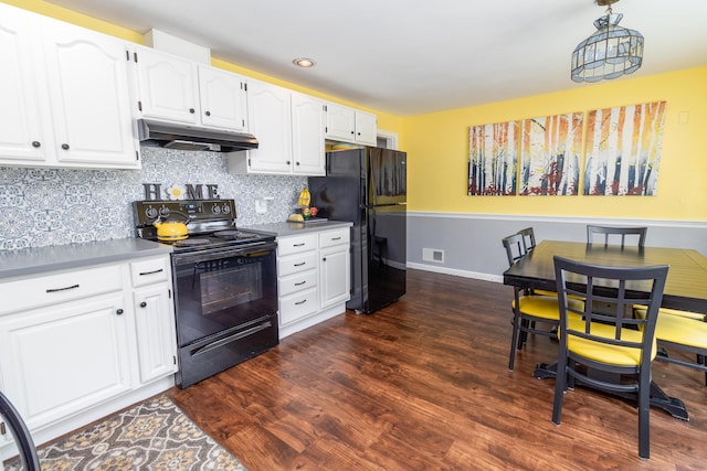188 Old Chadbourne Rd, Lewiston, ME 04240 - kitchen featuring under cabinet range hood, black appliances, white cabinetry, decorative backsplash, and recessed lighting